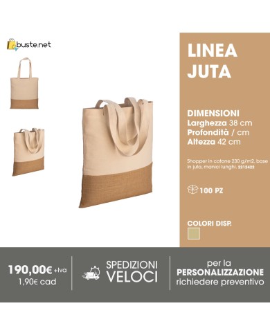 Shopper in cotone 230 g/m2, base in juta, manici lunghi - 38x42