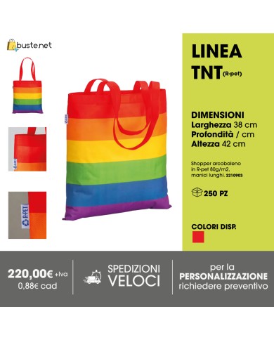 Shopper arcobaleno in R-pet 80g/m2, manici lunghi - 38x42