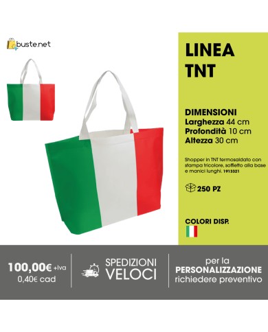 Shopper in TNT termosaldato con stampa tricolore, soffietto alla base e manici lunghi - 44x10x30