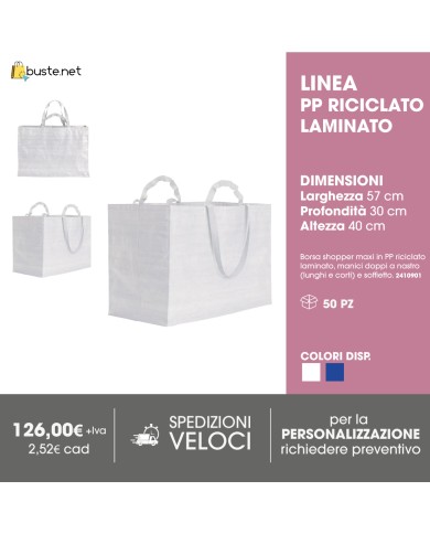Borsa shopper maxi in Polipropilene riciclato laminato, manici doppi a nastro (lunghi e corti) e soffietto - 57X30X40