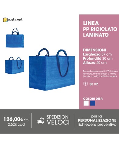Borsa shopper maxi in Polipropilene riciclato laminato, manici doppi a nastro (lunghi e corti) e soffietto - 57X30X40