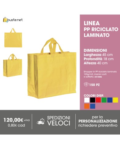 Shopper in Polipropilene riciclato laminato 120g/m2, manici corti e soffietto - 45x18x40