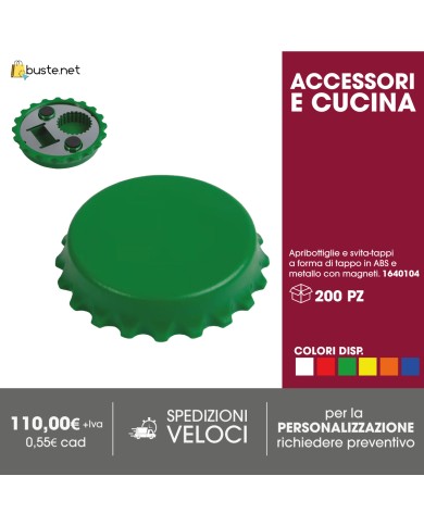 Apribottiglie e svita-tappi a forma di tappo in ABS e metallo con magneti