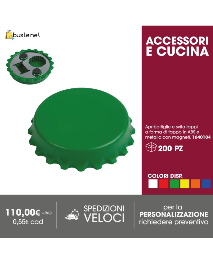 Apribottiglie e svita-tappi a forma di tappo in ABS e metallo con magneti