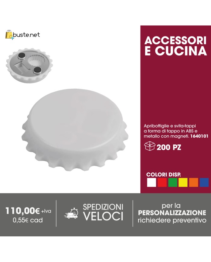 Apribottiglie e svita-tappi a forma di tappo in ABS e metallo con magneti