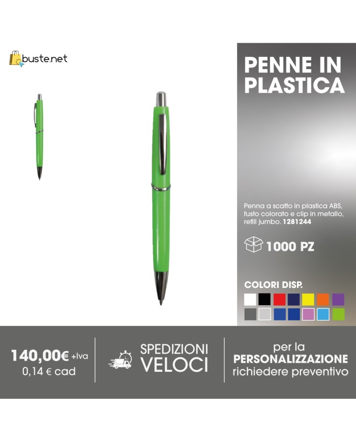 Penna a scatto in plastica ABS, fusto colorato e clip in metallo, refill jumbo
