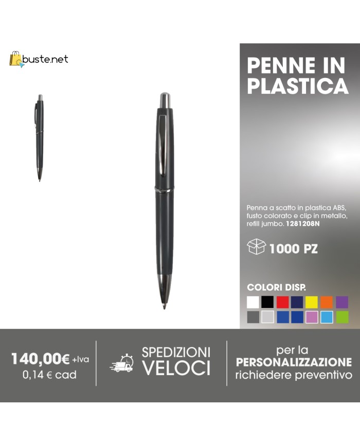 Penna a scatto in plastica ABS, fusto colorato e clip in metallo, refill jumbo
