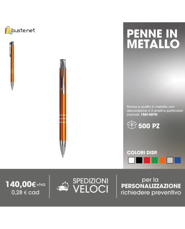 Penna a scatto in metallo con decorazione a 3 anelli e particolari cromati