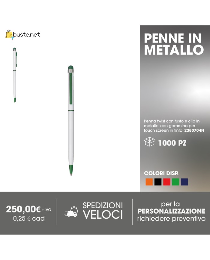 Penna twist con fusto e clip in metallo, con gommino per touch screen in tinta