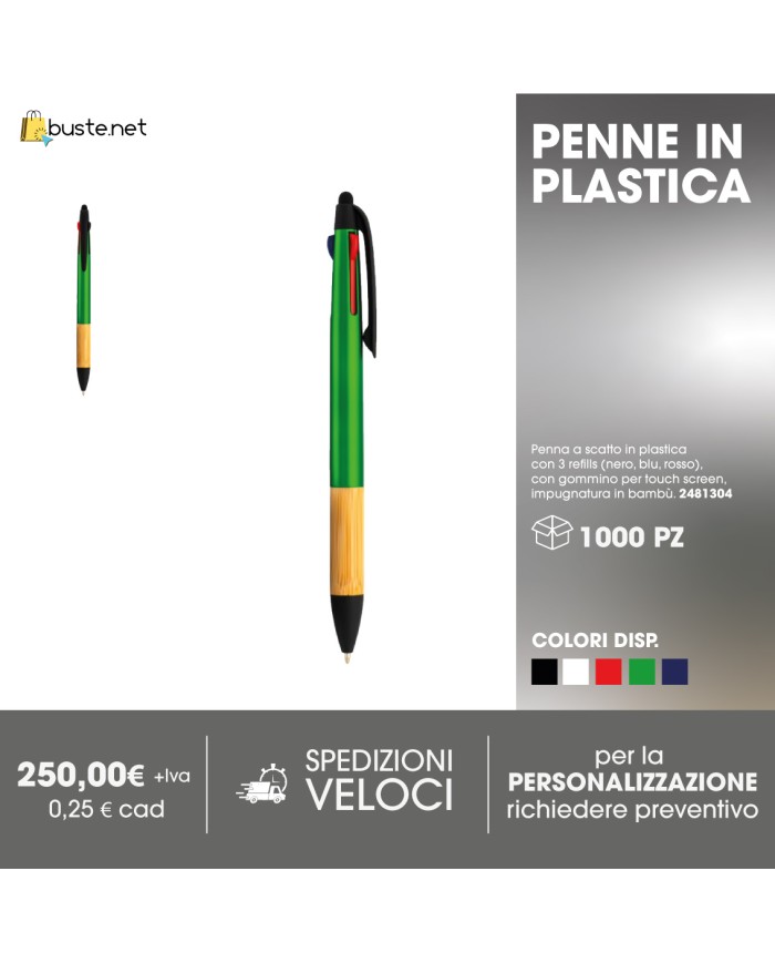 Penna a scatto in plastica con 3 refills (nero, blu, rosso), con gommino per touch screen, impugnatura in bambù