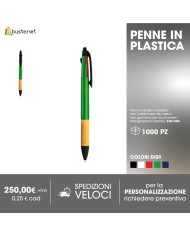 Penna a scatto in plastica con 3 refills (nero, blu, rosso), con gommino per touch screen, impugnatura in bambù