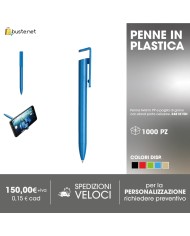 Penna a scatto in plastica con 3 refills (nero, blu, rosso), con gommino per touch screen, impugnatura in bambù
