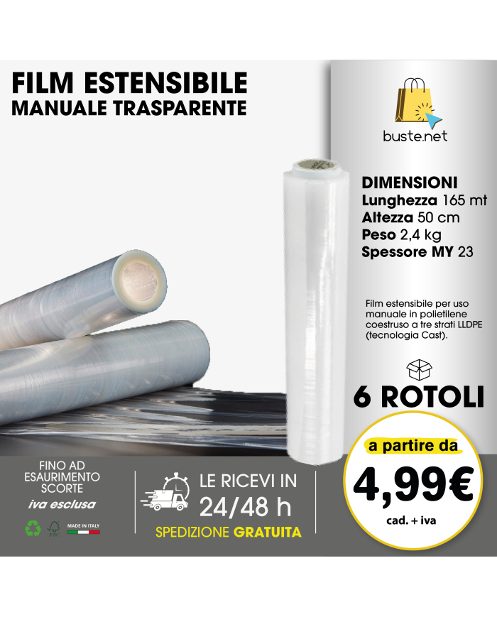 FILM ESTENSIBILE MANUALE TRASPARENTE - 6 ROTOLI