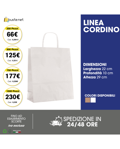 Promo Busta di carta classica con maniglia cordino 22x10x29 - 250 pezzi