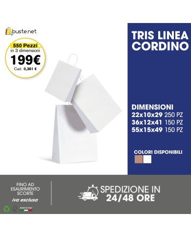 Promo super offerta Tris Busta di carta cordino 550pz - 22x10x29 - 36x12x41 -55x15x49