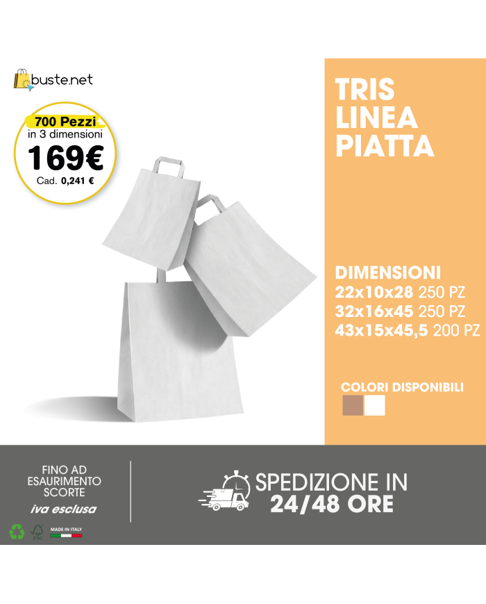 PROMO - TRIS ECONOMY 700pz. BUSTA DI CARTA CON MANIGLIA PIATTA 22x10x28 - 32x16x45 - 43x15x45,5